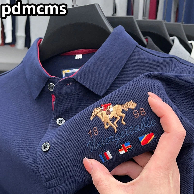 High Quality Luxury Men's Polo Shirt Autumn Lapel Spur Embroidery Long Sleeve 100Cotton Korean Business Leisure Fashion Menswear