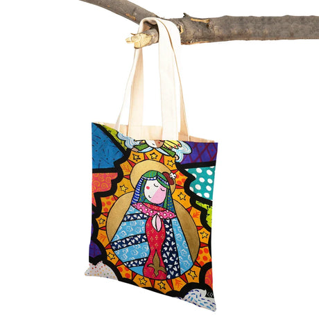 Ladies Shopping Bag Cartoon Virgin Mary Series Handbag Foldable Reusable Cloth Shopper Harajuku Style Student Canvas Tote