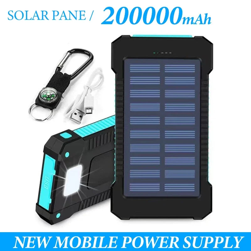 200000mAh Solar Power Bank LEDSOS Flashlight FAST Charging External Battery Portable Waterproof Powerbank for Smart Mobile Phone