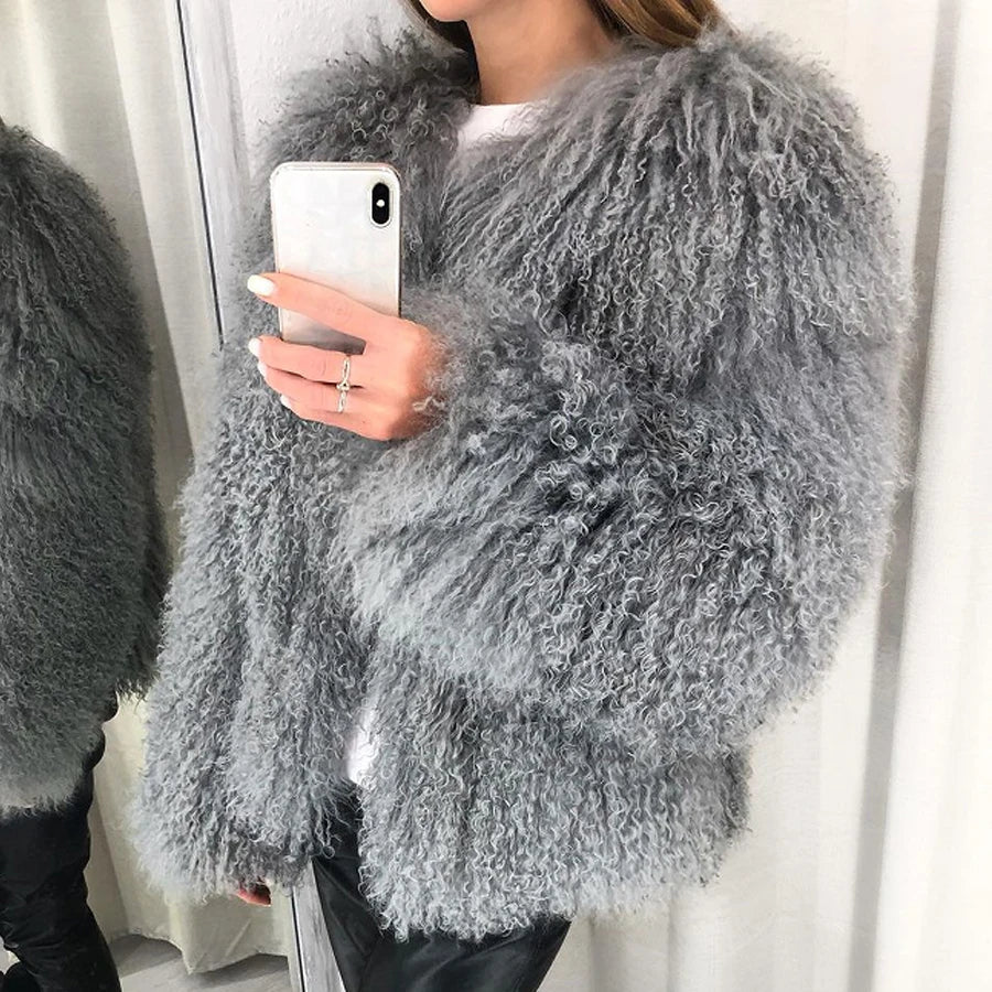 Womens Natural Mongolian Lamb Fur Coat Short Winter Real Sheep Fur Jacket Ladies Genuine Sheepskin Coats