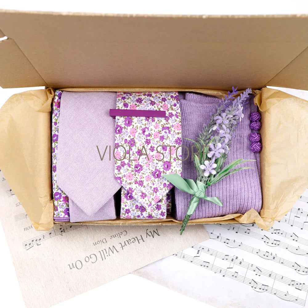 Viola Design 7 PCS Gift Box Cotton Sock Tie Sets Clip Pin Cufflinks Hanky Solid Floral Men Wedding Party Daily Cravat Accessory