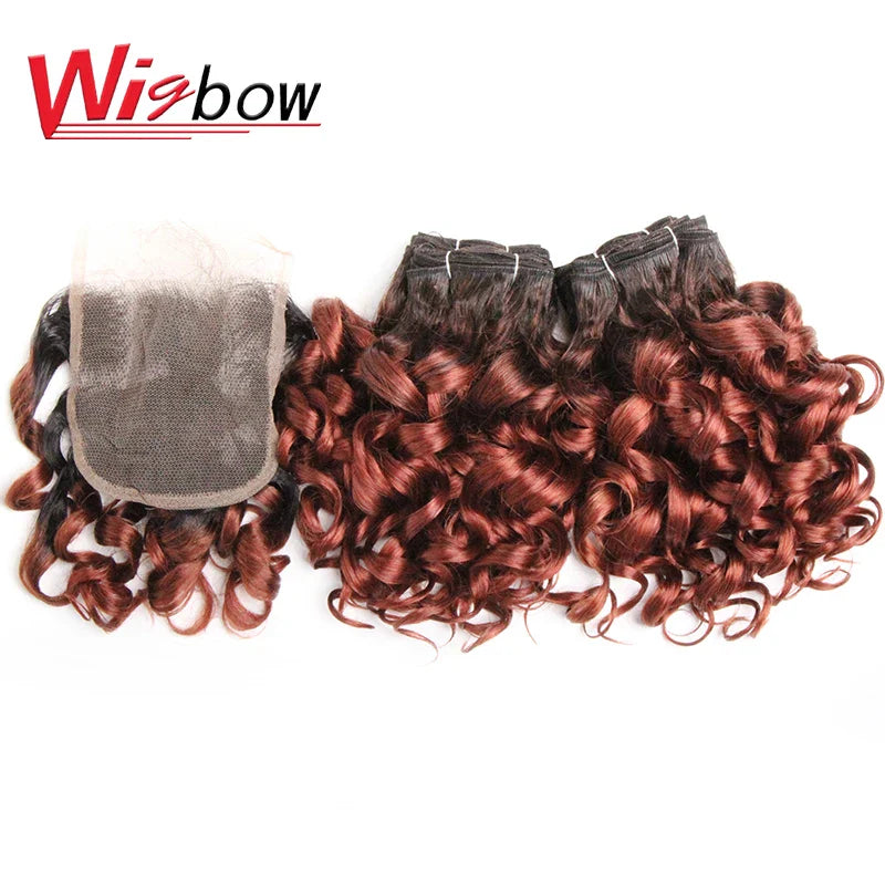 Human Brazilian Hair Weave Bundles With Closure Ombre Bouncy Curly Hair Bundles With 4x4 Closure For Women T1B27/30/99J 6+1/Lot