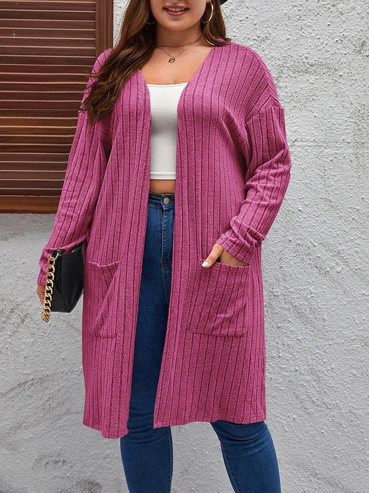 GIBSIE Plus Size Solid Rib Knit Open Front Cardigans Women Spring Autumn Casual Long Sleeve Korean Female Mid-Long Cardigan Coat