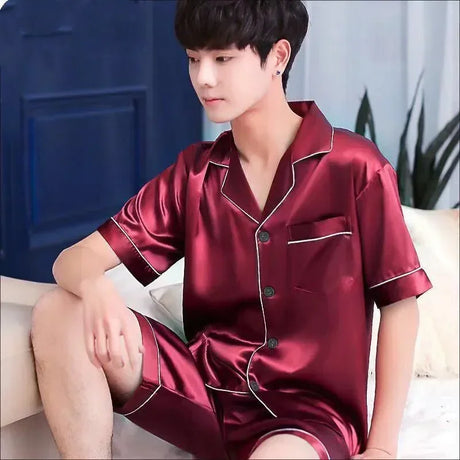 Satin Sleepwear Clothes Solid Ice Color Sleeve 2pcs Short Men Thin Sets Summer Silk Pajama Home Male Casual Suit Shirt+shorts