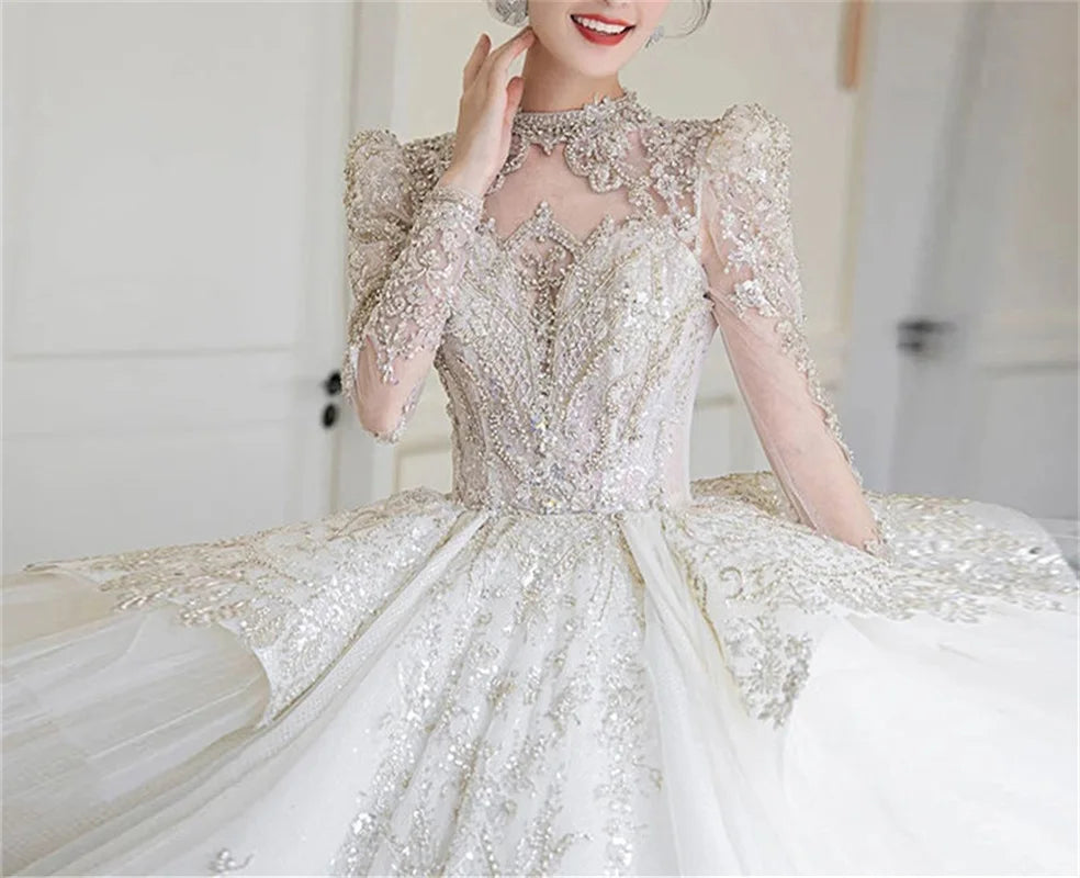 Dubai Arabia High Neck Full Sleeves Ball Gown Wedding Dress Luxruy Crystal Bridal Gowns Sequin Pearls Church Robe De Mariée