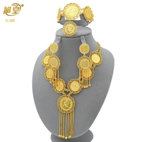 African 24K Gold Color Coins Necklace Bracelet Sets For Women Dubai Luxury Choker Designed For Women Wedding Party Jewelry Gift