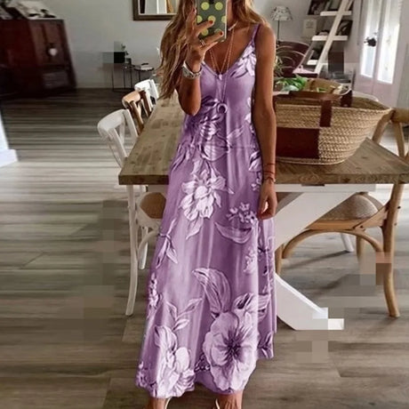 Plus Size Lady Spring Summer Dress Women V-Neck Long Dresses Elegant Casual Bohemian Sleeveless Women Beach Party Dress Woman