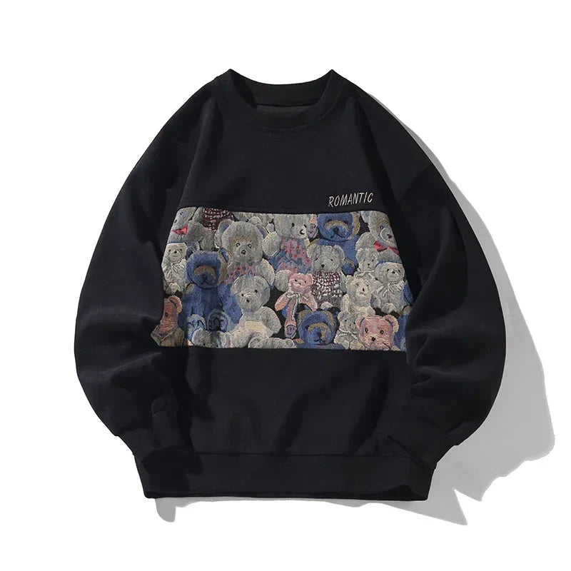 Men‘s Sweatshirt Harajuku Vintage Sweatshirts Hip Hop Hipster Round Neck Pullover Embroider Bear Graphic Unisex Hoodie