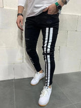 Stripe printing Jeans Men Cotton Stretchy Ripped Skinny Jeans High Quality Hip Hop Black Hole Slim Fit Oversize Denim Pants