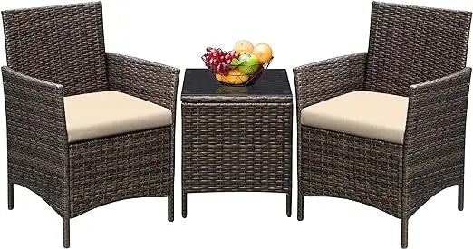 Greesum 3 Pieces Patio Furniture PE Rattan Wicker Chair Conversation Set, Brown and Beige, 26.6x12.1x19.3 inches