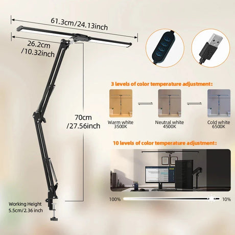 Double Head Desk Lamp Led Reading Light Stand Wide Screen Monitor Lights for Study Office USB Stepless Dimmable Table Lamp 24W