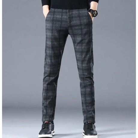 Male Clothes Casual Fashion Plus Fleece Plaid Pants 2024 Autumn Winter Men's All-match Comfortable Thick Slim Pencil Trousers