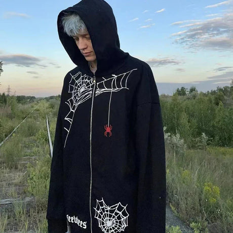 Spider Web Red Graphic Hoodies Men's Clothing Warm Harajuku Vintage Grunge Y2k Zip Up Hoodie For Men And Women Sweatshirt Tops