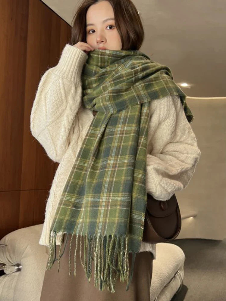 New 2023 Imitation Cashmere Women Scarf Winter Preppy Style Vintage Plaid Scarve Pashmina Mujer Foulard Blanket Wrap Shawl Pareo