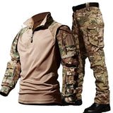 Men's Military Tactical Suit Outdoor Durable Breathable T-shirt Cargo Pants Set Waterproof Suits Multiple Pockets Camo 2 Pcs Set