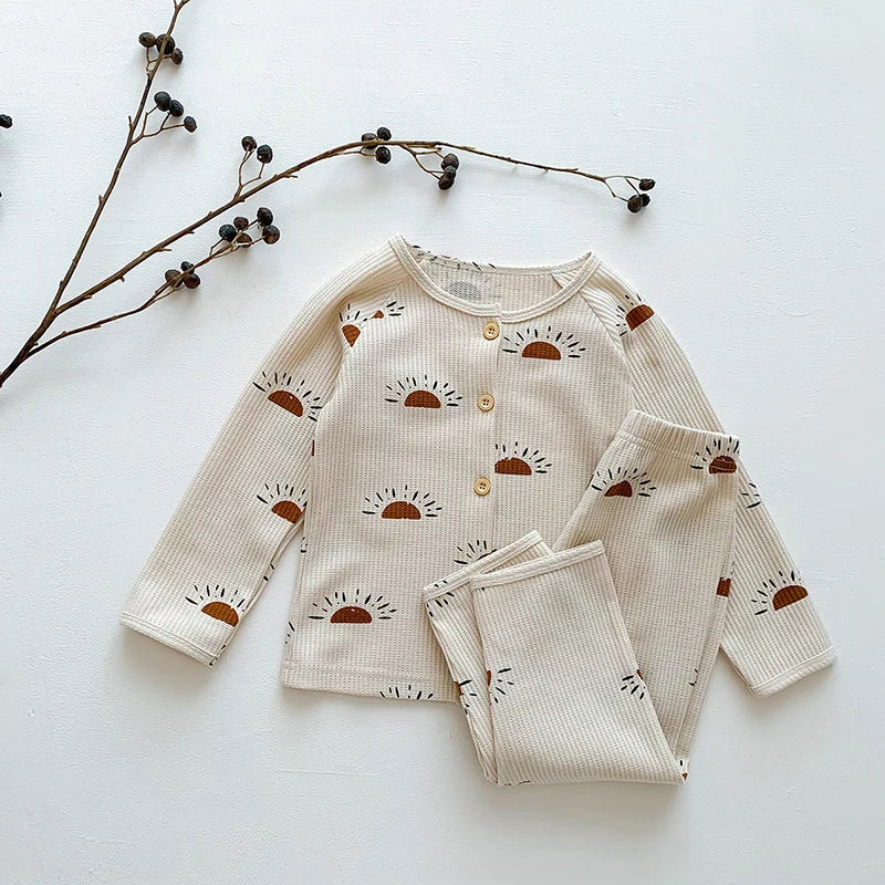 Baby Pajamas Set Loungewear Sleepwear for Kids Long Sleeve Boy Girl Breathable Cotton Waffer Top and Bottom Children's Clothes