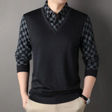 Spring and Autumn Men's Pullover Button Contrast Plaid Panel Long Sleeve T-shirt Fake Two Piece Polo Bottom Fashion Casual Tops