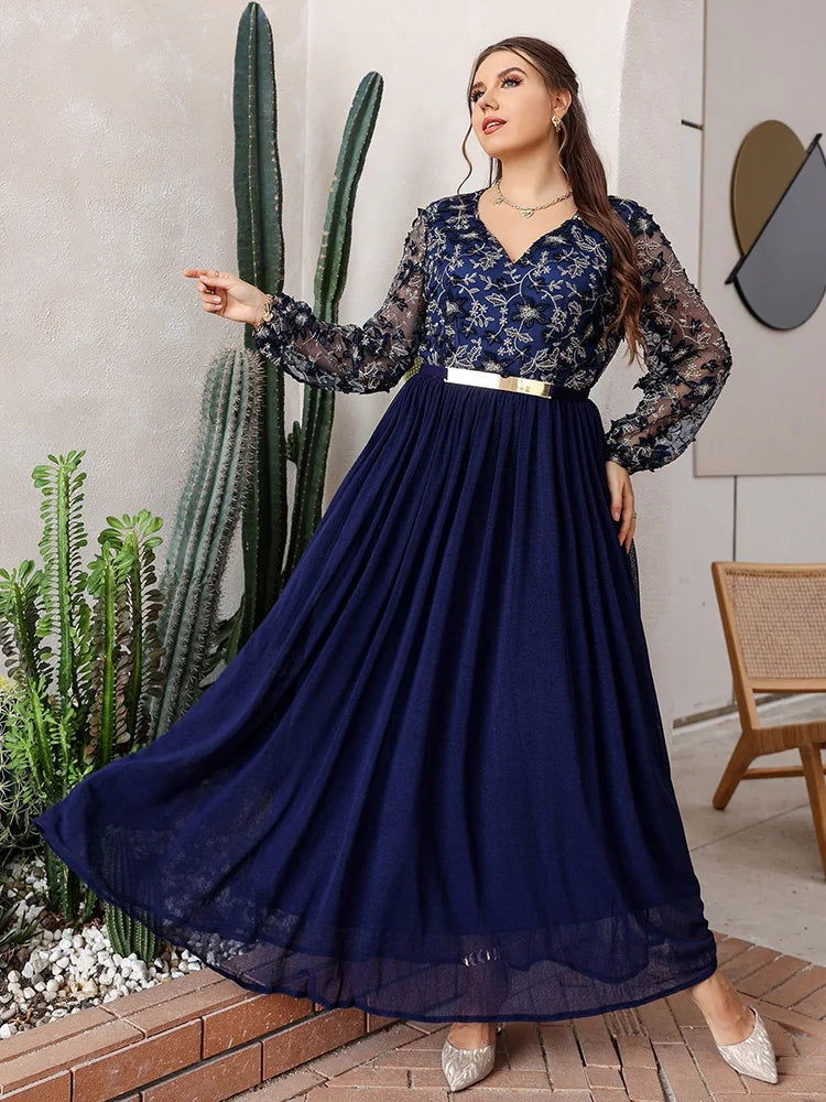 Women Plus Size Maxi Dresses 2023 New Autumn Formal Luxury Chic Elegant Long Sleeve Print Turkish Wedding Evening Party Clothing