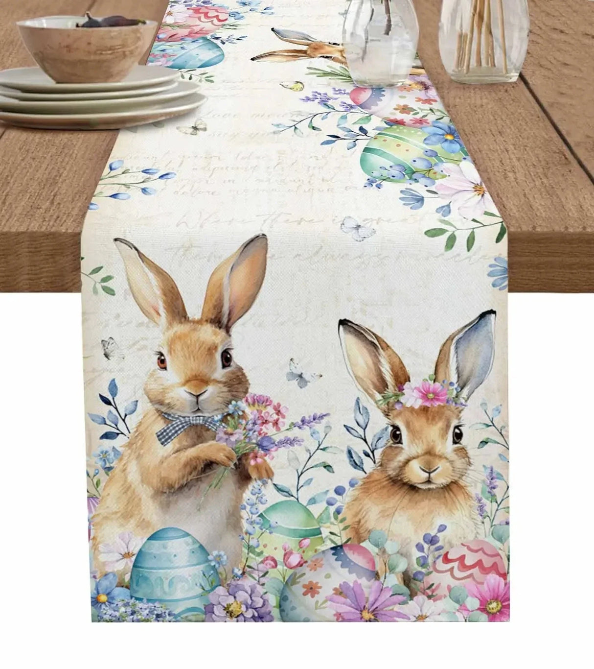 Easter Bunny Spring Flowers Linen Table Runner Washable Dresser Scarves Table Decor Festival Wedding Kitchen Decor Table Runner