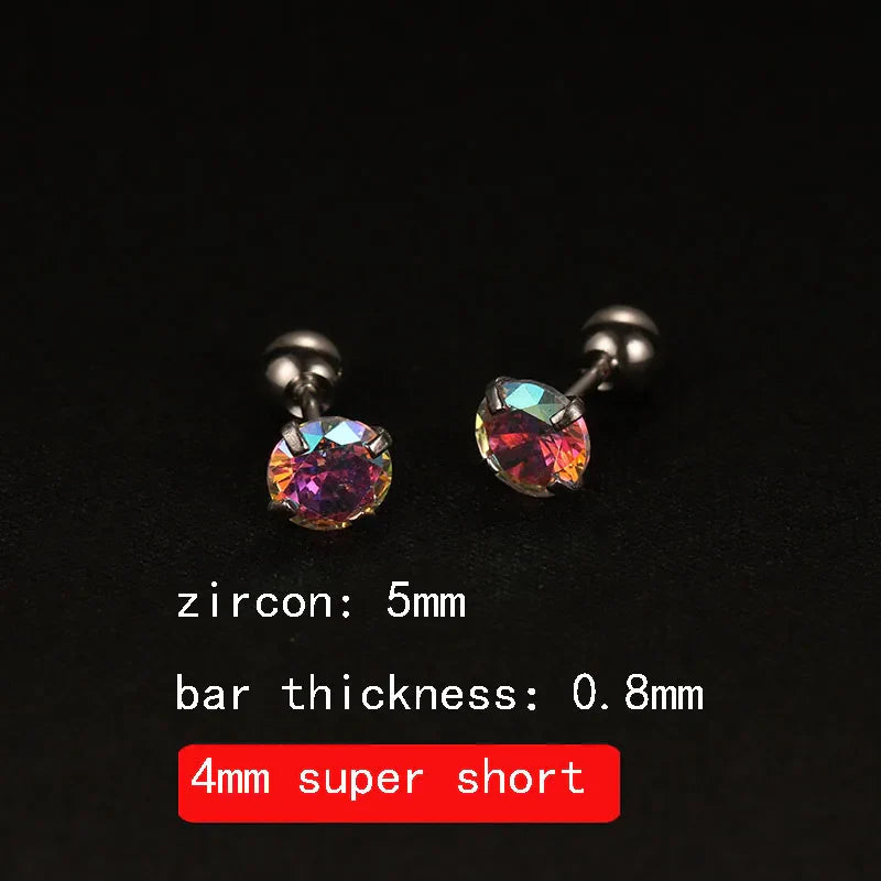 2PCS 4mm Short Ear Studs Earring Outside Upper Helix Earrings Titanium Steel CZ Crystal 3mm 4mm 5mm Mix Colors 0.8mm 20G Screw