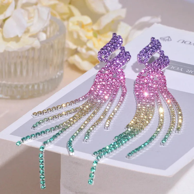 2022 New Sparkling Full Rhinestone Long Tassel Dangle Earrings for Women Bijoux Trendy Large Drop Earrings Wedding Jewelry Gifts