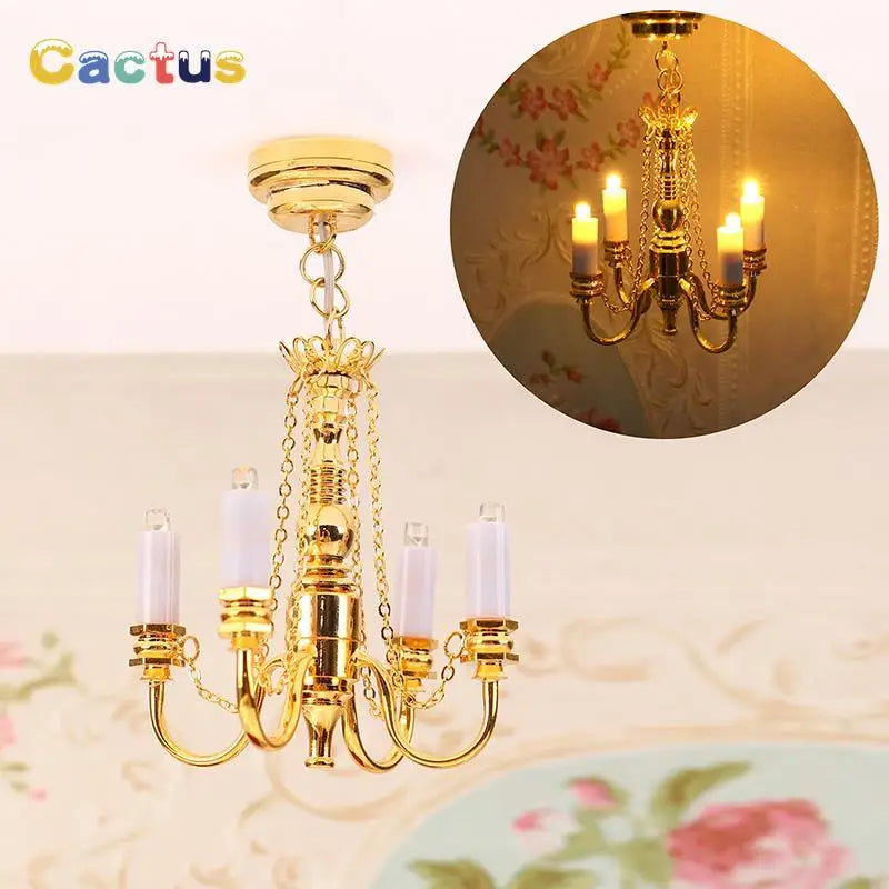 1:12 Dollhouse Miniature LED Ceiling Lamp Gold Chandelier Droplight Lighting Lights Battery Operated Furniture Model Decor Toy