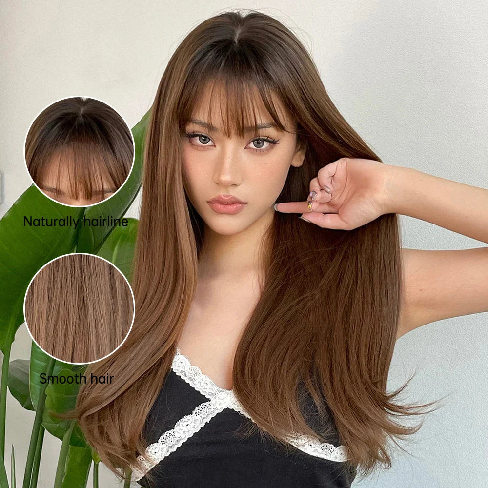 ALAN EATON Chestnut Brown Wavy Synthetic Wigs with Bangs Long Curly Brown Wig for White Women Naturally Hairline Heat Resistant