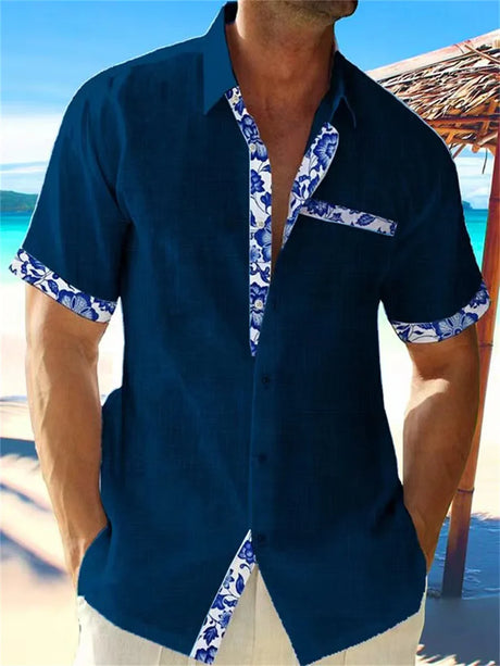 2023 summer fashion men's Hawaiian linen shirt men's casual lace printed beach pocket short sleeve plus size jacket 5 colors.