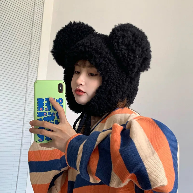 New Big-ear Bear Cashmere Bomber Hats Women Fluffy Hat with Ears Autumn Winter Cute Pullover Earmuffs Warm Cap Bandage