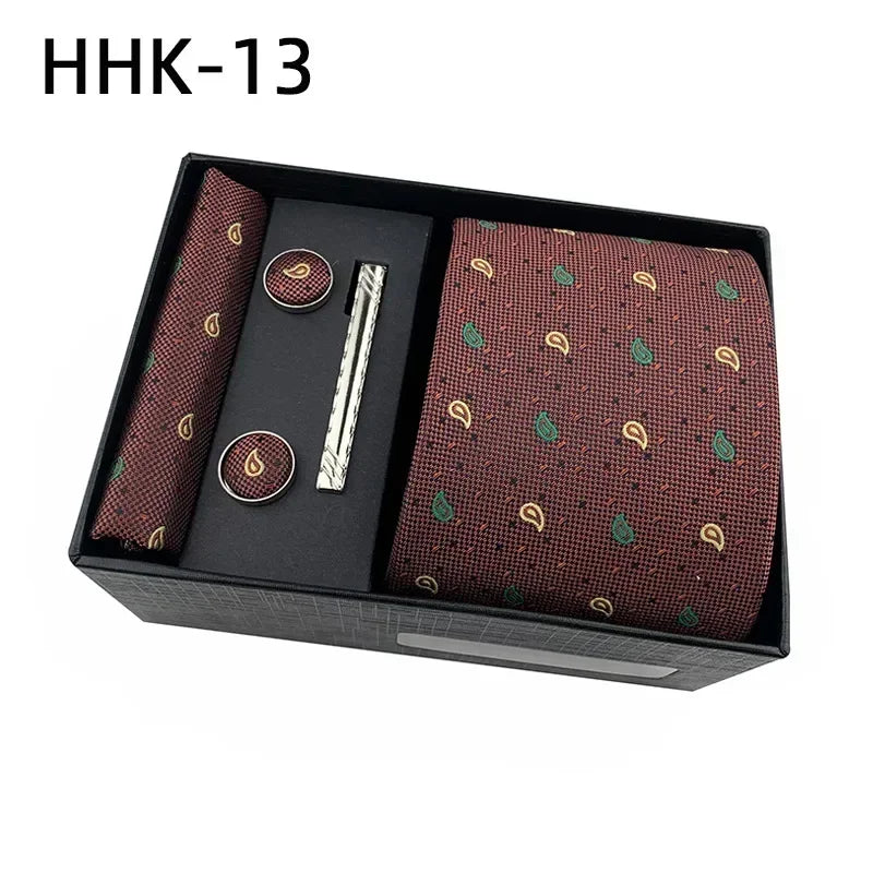 100%Silk Feel Set Classic Ties for Men Kerchief Square Cufflinks Brooch Tie Clip Bussiness Wedding Party Suit Gift Box Set