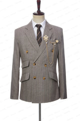 2023 Latest Summer Men Double Breasted Khaki Linen Suits Vetical Stripe Slim Fit Tuxedos For Wedding 3 Pcs Set Jacket Vest Pants