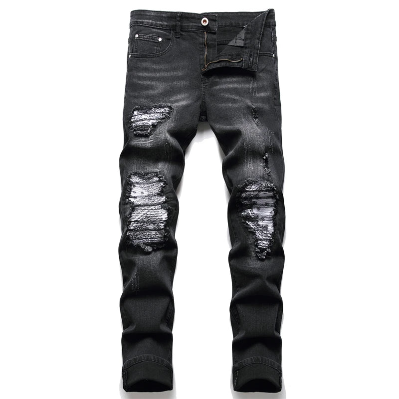 Dropshipping Fashion New Biker Jeans Men's Distressed Stretch Ripped  Hip Hop Slim Fit Holes Punk Denim Cotton Pants