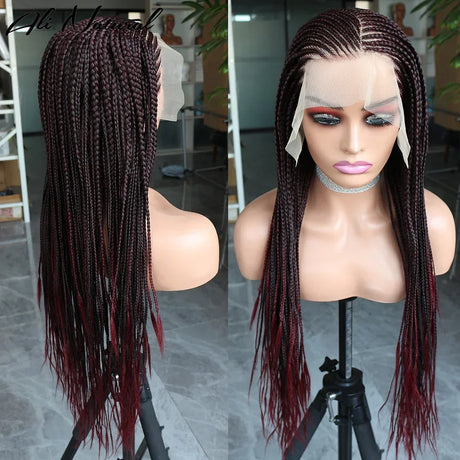 Ombre Burgundy 13x6 Lace Frontal Braids Wig Synthetic 99J Color Cornrow Braided Lace Front Wig Glueless Wine Red Braiding Wig