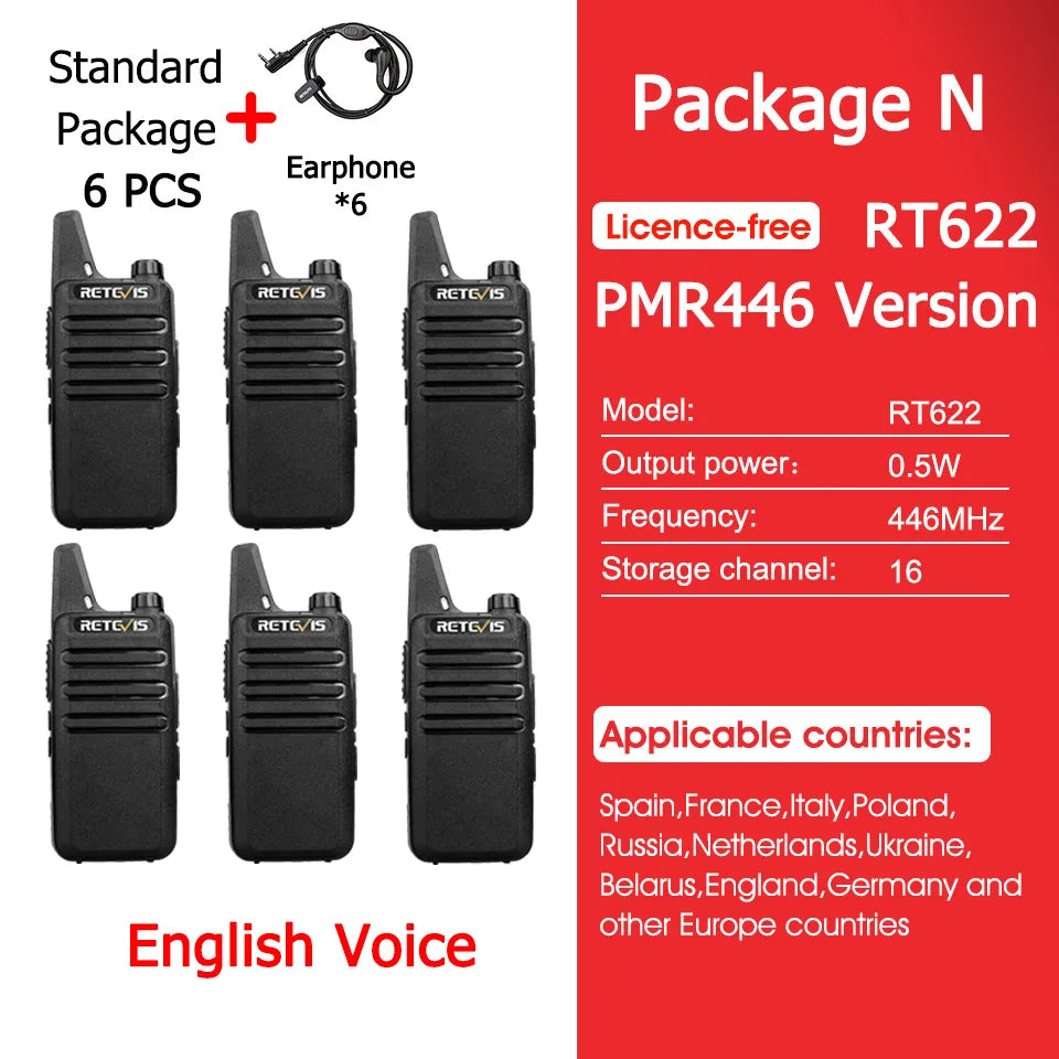 Retevis RT622 Mini Walkie Talkie 4 Pcs Walkie-talkies PMR446 FRS VOX Portable Two Way Radio Station for Restaurant Hotel