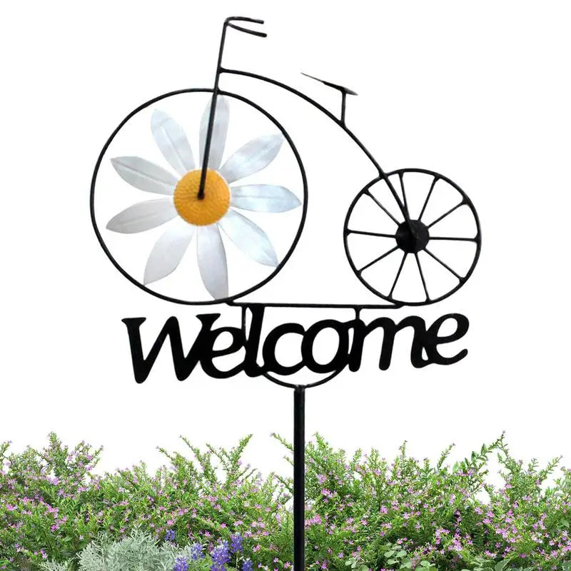 Garden Welcome Stake Garden Iron Stakes With Windmill Bicycle Design Outdoor Spinning Wheel Sunflower Wind Spinner Outdoor decor