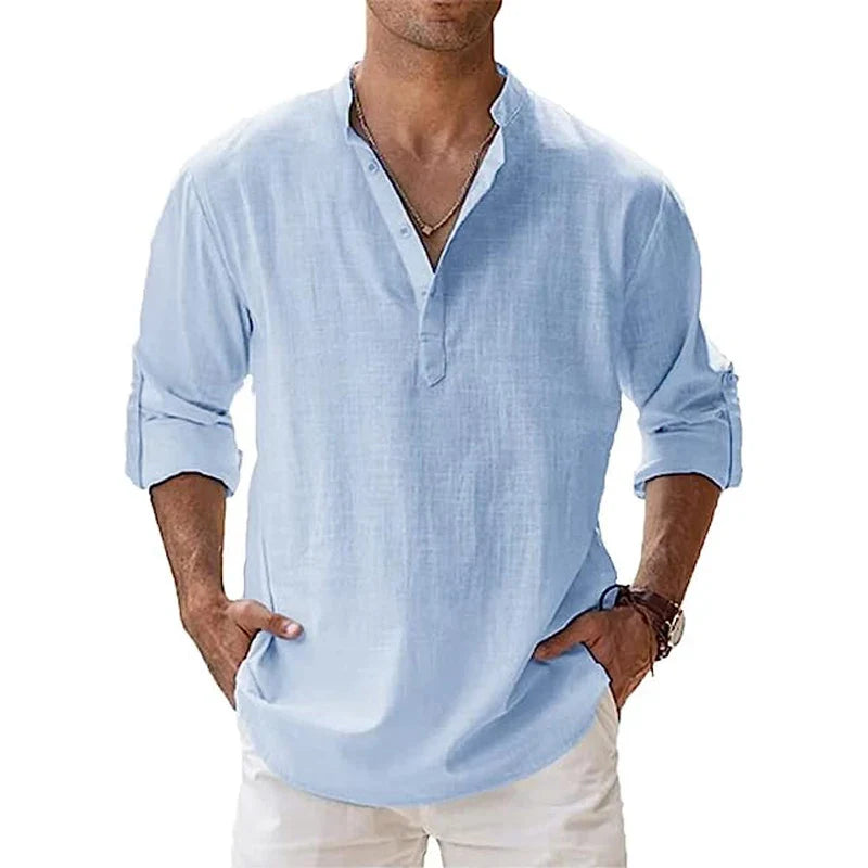 New Men's Cotton T Shirts Linen Casual Long Sleeve Button Down Shirt Loose Collar Solid Color Tops S-5XL