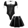 Mens Maid Costume Set Sissy Crossdresser Cosplay Party Outfits Patent Leather Puff Sleeve Bodysuit Leotard with Flared Skirt