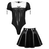 Mens Maid Costume Set Sissy Crossdresser Cosplay Party Outfits Patent Leather Puff Sleeve Bodysuit Leotard with Flared Skirt