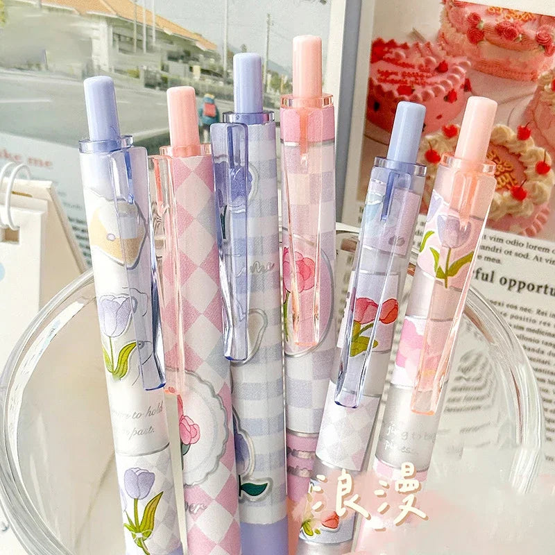 6pcs Floral Gel Pens Set Transparent 0.5mm Black Ink Needle Pens Kawaii Signature Pens Korean Stationery School Office Supplies