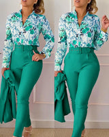 elegant print shirt and pants two piece sets women 2023 spring autumn fashion long sleeve shirts high waist pant casual suits