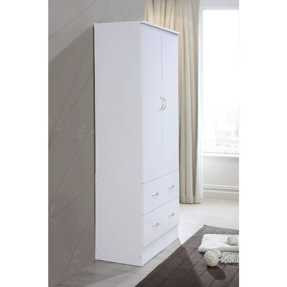 wooden wardrobe bedroom closet, Cabinet equipped with clothes drying rod and 2 storage drawers, White wardrobe