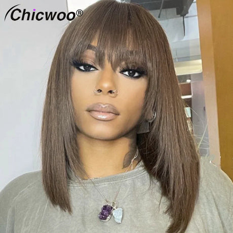 Ash Brown Short Bob Wig With Bangs Colored Human Hair Wigs For Women Brazilian Remy 13x4 Lace Frontal Human Hair Wig 200 Density