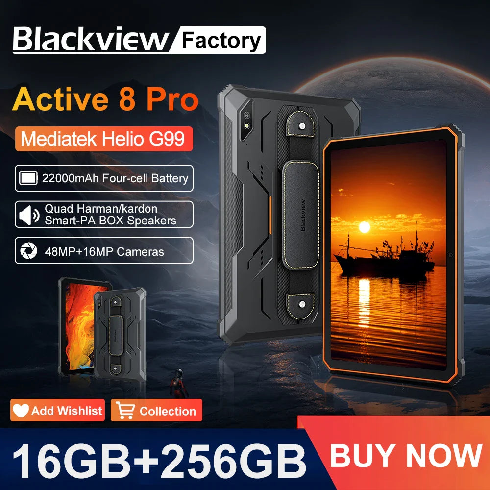 Blackview Active 8 Pro 16GB 256GB Tablet PC 22000mAh Battery Android 13 10.36" inch 2.4K Display 16MP+ 48MP Camera Rugged Tablet