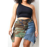 Plus Size Daily Skirt Army Green High Waist Camo Denim Patchwork Skirt