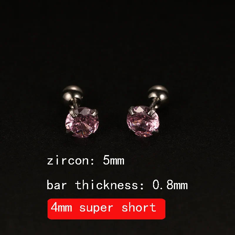 2PCS 4mm Short Ear Studs Earring Outside Upper Helix Earrings Titanium Steel CZ Crystal 3mm 4mm 5mm Mix Colors 0.8mm 20G Screw