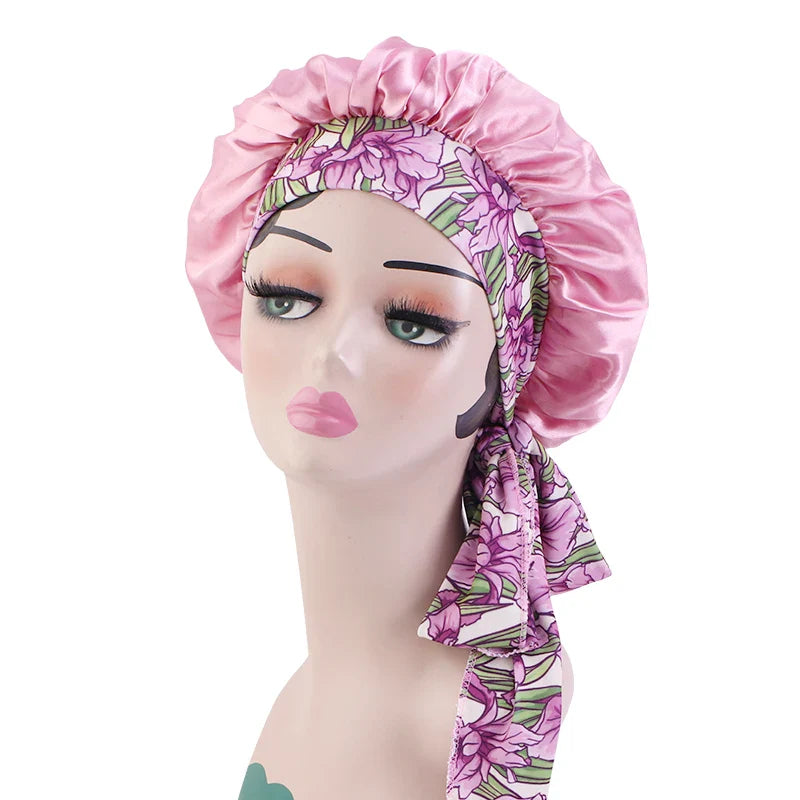 New Women Satin bonnet With Elastic Tie Band Night Sleep Cap Hair Care bandana Nightcap Unisex Cap Bonnet De Nuit Shower Turban