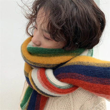 Rainbow Knit Scarf for Women Winter Thick Cashmere Stripe Shawl and Wrap Fashion Warm Streetwear Girl's Foulard Wool Scarves