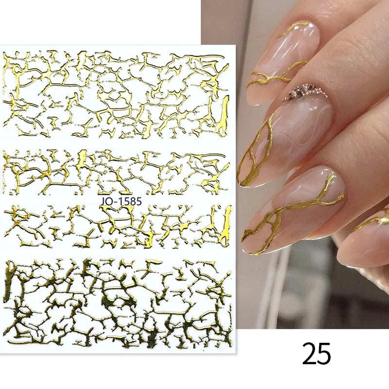 3D Silver Frame Nail Sticker Silver Bronzing Stripe Lines Sliders For Nails Tribal Pattern Decals Marble Blooming Nail Tattoos