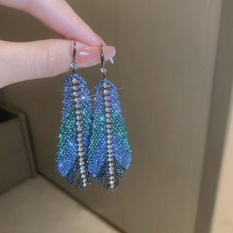 Long Retro Blue Flower Feather Tassel Dangle Earrings for Women 2022 Fashion Crystal Drop Earring Vintage Brincos Jewelry