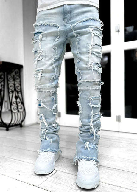 New Premium Vintage Blue Stacked Jeans For Men Stretchy Raw Frayed Denim Destroyed Washed Patchworks Pants